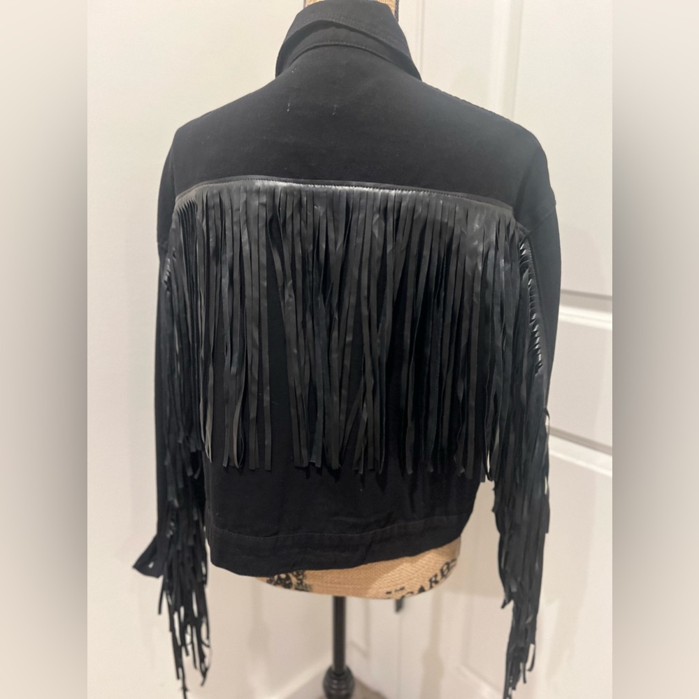 LE LIS Black Fringe Denim Jacket, Size Large - Picture 1 of 3